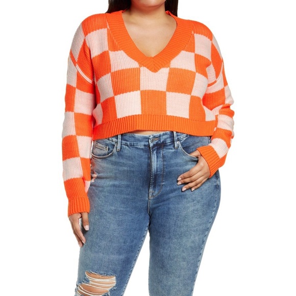 BP. Check V-neck Crop Sweater In Orange Neon Checker - Picture 6 of 7